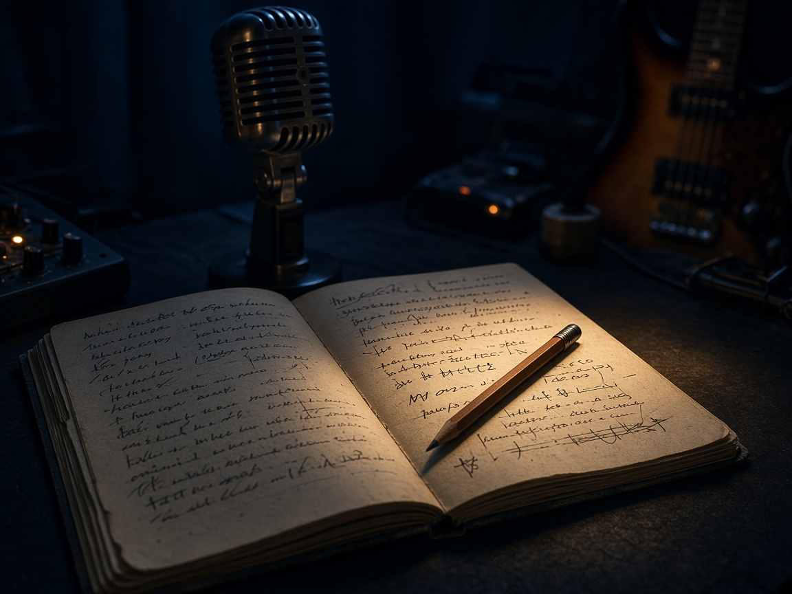 Microphone and lyric notebook in a studio